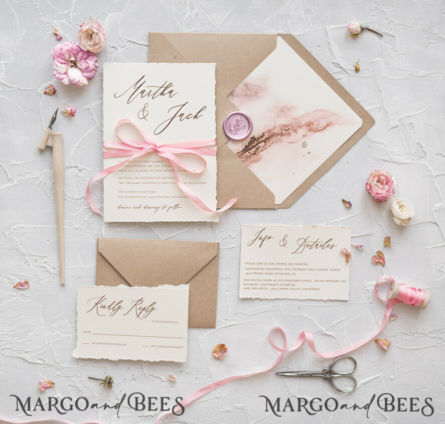WEDDING INVITATIONS Elegant Invites Classic Cards Bespoke Wedding Invitations Minimalist Stationery with Silk Bow Cotton Ivory Paper Envelope ombre Liner