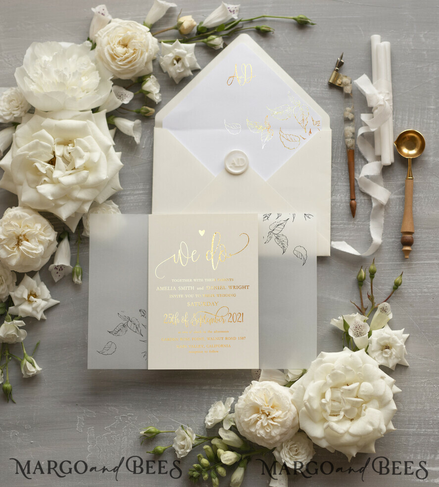 WEDDING INVITATIONS gold / rose gold / silver / glitter Glamour Champagne Shimmer Wedding Invitations, Elegant Ivory Wedding Invites, Bespoke White Vellum Wedding Invitation Suite, Golden Shine Wedding Cards