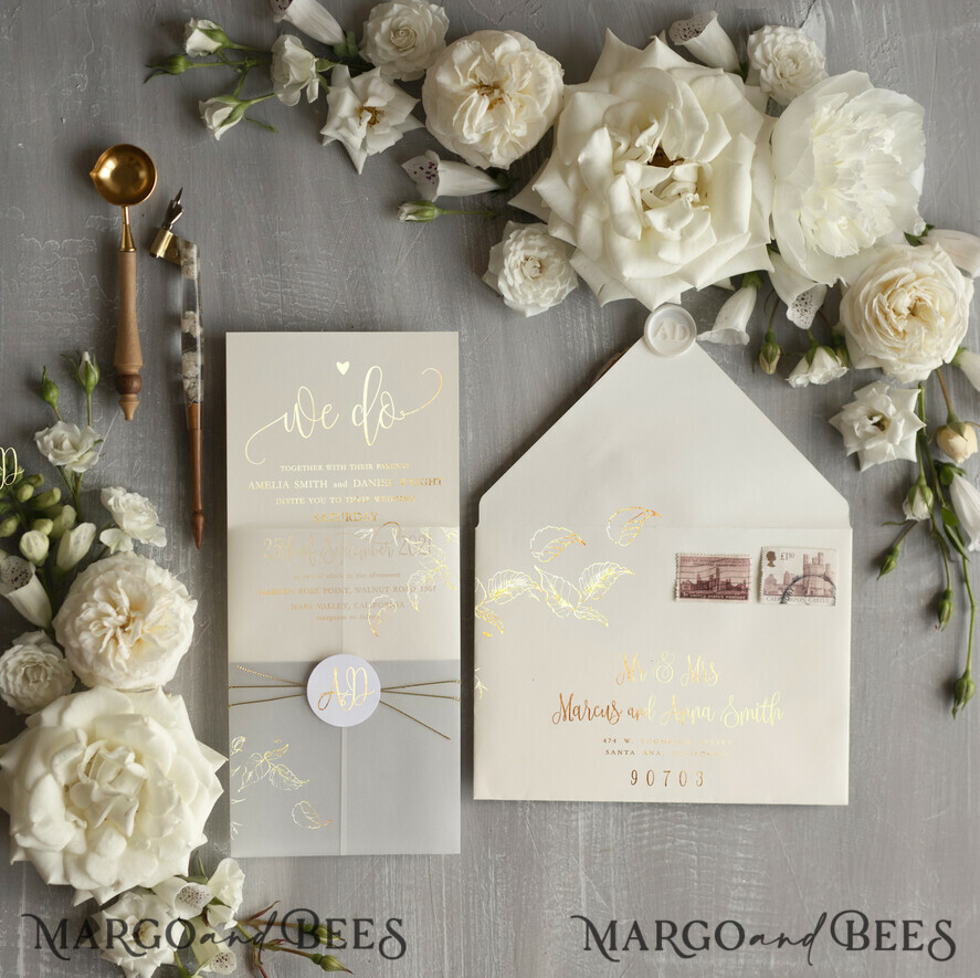 WEDDING INVITATIONS gold / rose gold / silver / glitter Glamour Champagne Shimmer Wedding Invitations, Elegant Ivory Wedding Invites, Bespoke White Vellum Wedding Invitation Suite, Golden Shine Wedding Cards