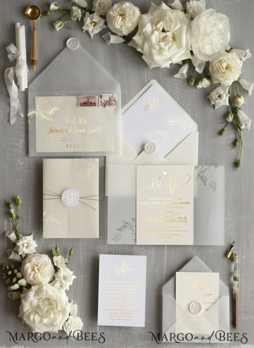WEDDING INVITATIONS gold / rose gold / silver / glitter Glamour Champagne Shimmer Wedding Invitations, Elegant Ivory Wedding Invites, Bespoke White Vellum Wedding Invitation Suite, Golden Shine Wedding Cards
