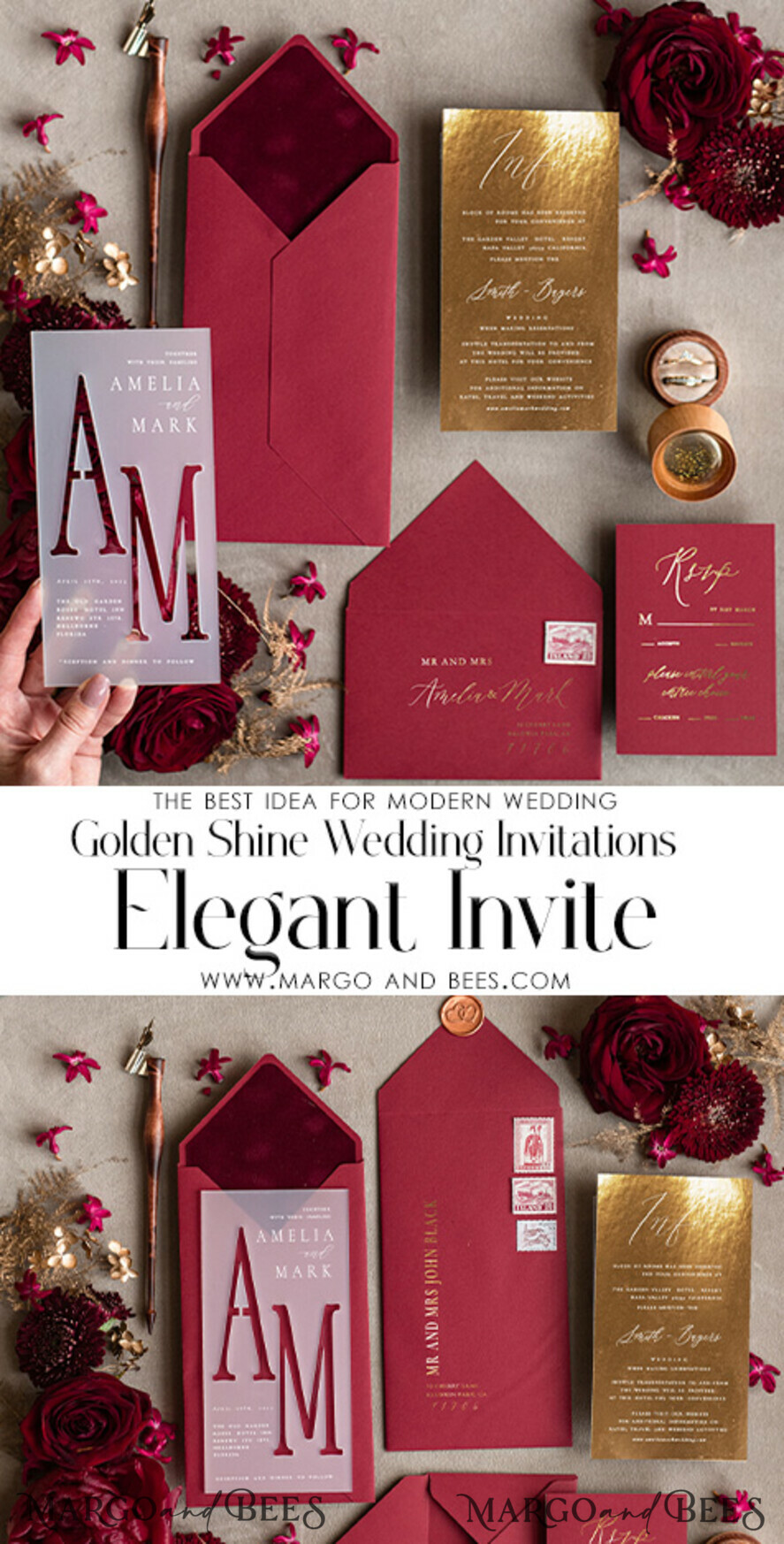 WEDDING INVITATIONS gold / rose gold / silver / glitter Burgundy Wedding invitations cards, Gold Acrylic Glamour Wedding Invitation Suite Maroon Golden Shine Wedding Stationery Frozen Plexi Luxury Wedding Invites
