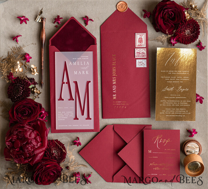 WEDDING INVITATIONS gold / rose gold / silver / glitter Burgundy Wedding invitations cards, Gold Acrylic Glamour Wedding Invitation Suite Maroon Golden Shine Wedding Stationery Frozen Plexi Luxury Wedding Invites