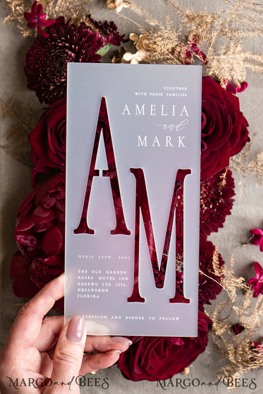 WEDDING INVITATIONS gold / rose gold / silver / glitter Burgundy Wedding invitations cards, Gold Acrylic Glamour Wedding Invitation Suite Maroon Golden Shine Wedding Stationery Frozen Plexi Luxury Wedding Invites