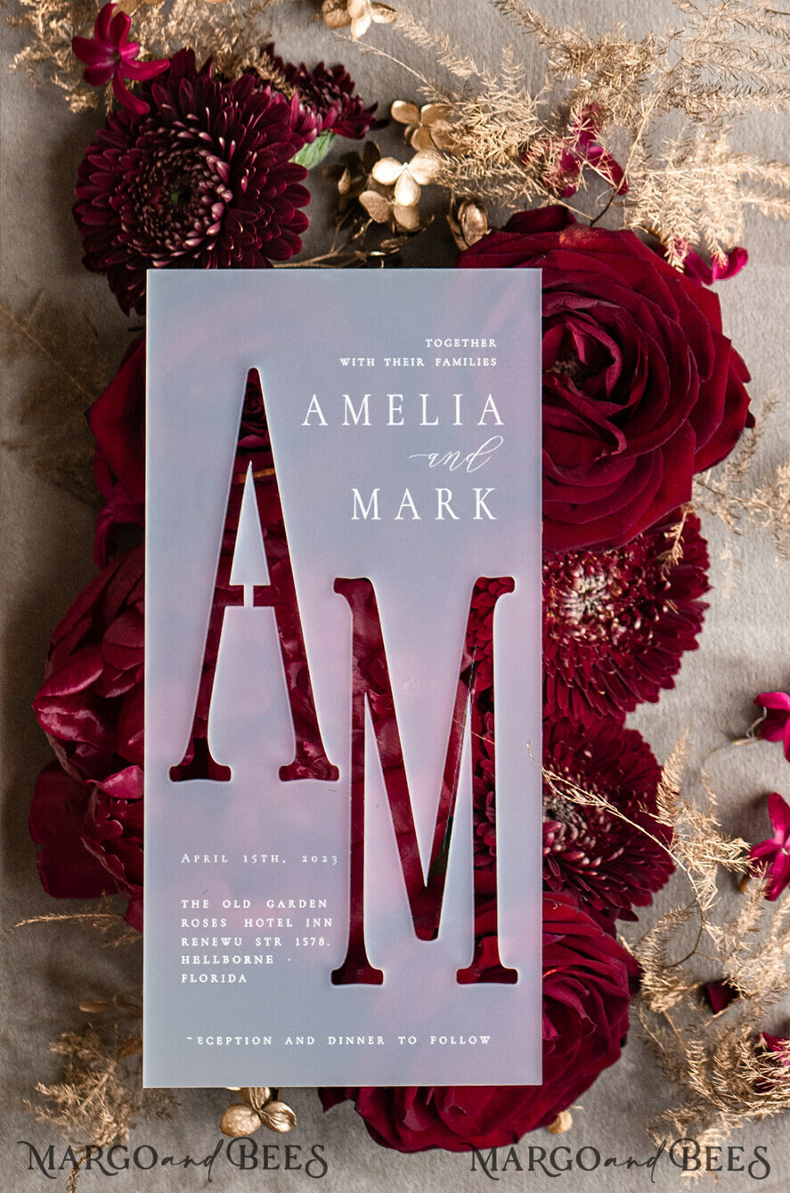 WEDDING INVITATIONS gold / rose gold / silver / glitter Burgundy Wedding invitations cards, Gold Acrylic Glamour Wedding Invitation Suite Maroon Golden Shine Wedding Stationery Frozen Plexi Luxury Wedding Invites