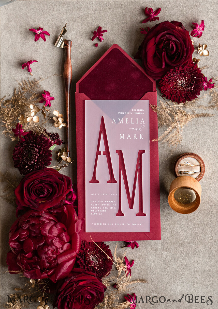 WEDDING INVITATIONS gold / rose gold / silver / glitter Burgundy Wedding invitations cards, Gold Acrylic Glamour Wedding Invitation Suite Maroon Golden Shine Wedding Stationery Frozen Plexi Luxury Wedding Invites