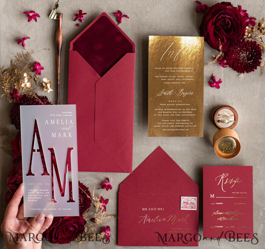 WEDDING INVITATIONS gold / rose gold / silver / glitter Burgundy Wedding invitations cards, Gold Acrylic Glamour Wedding Invitation Suite Maroon Golden Shine Wedding Stationery Frozen Plexi Luxury Wedding Invites