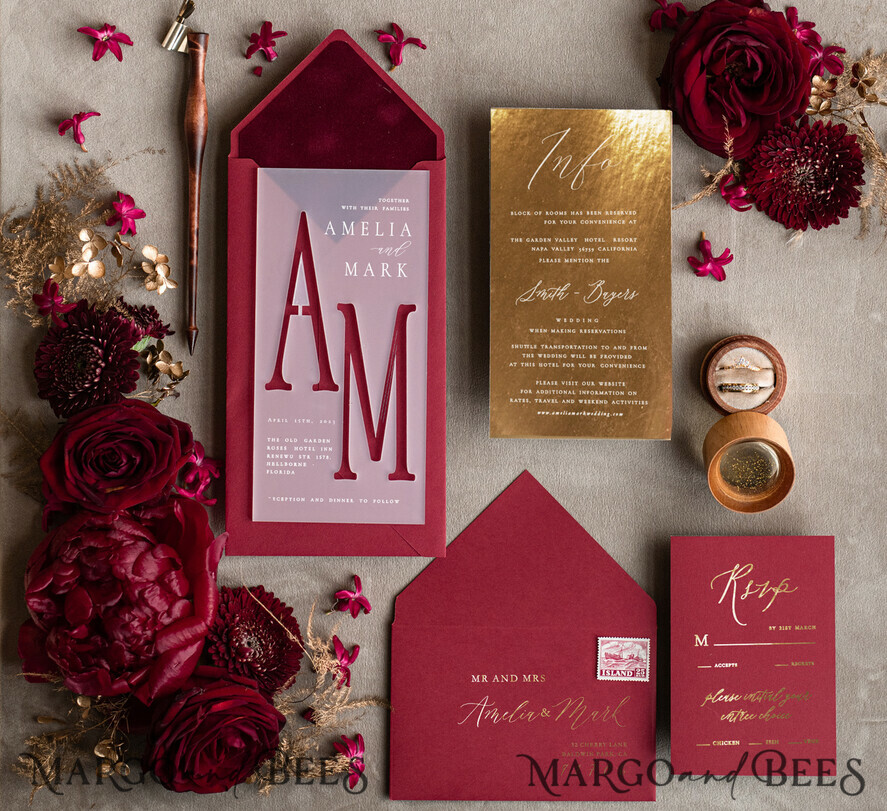 WEDDING INVITATIONS gold / rose gold / silver / glitter Burgundy Wedding invitations cards, Gold Acrylic Glamour Wedding Invitation Suite Maroon Golden Shine Wedding Stationery Frozen Plexi Luxury Wedding Invites