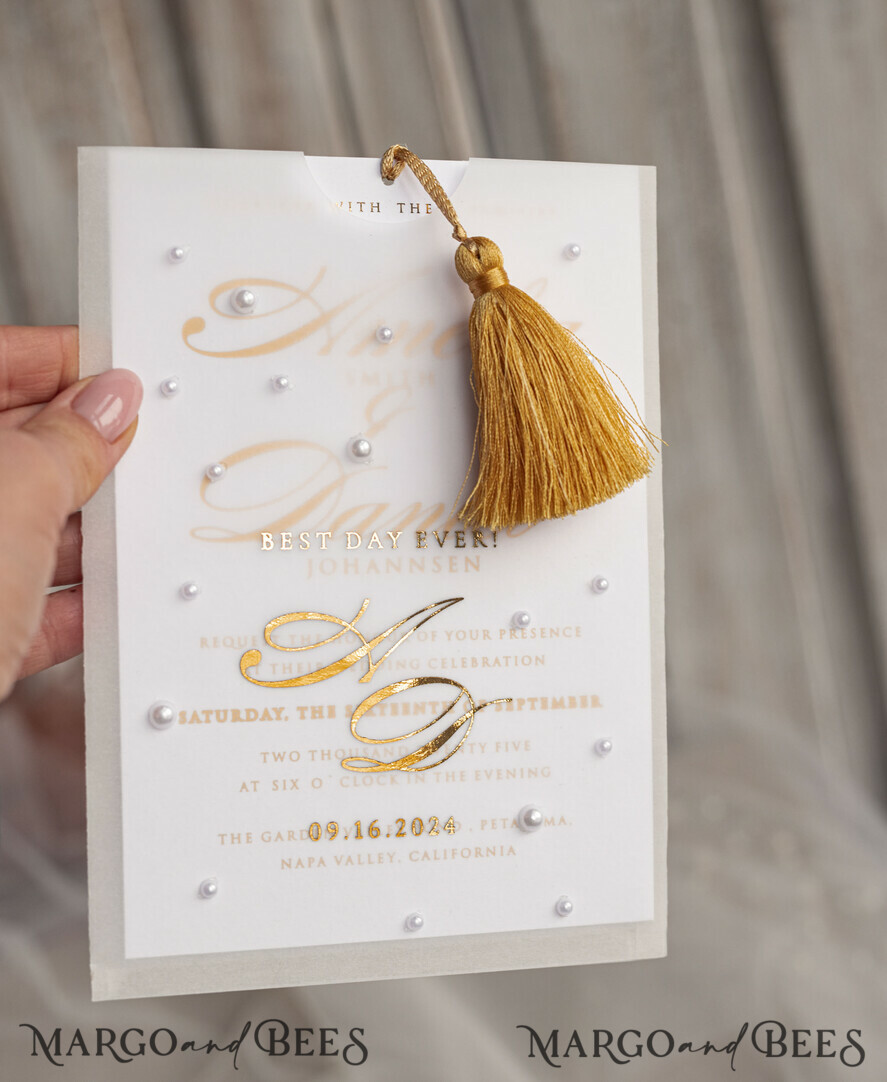WEDDING INVITATIONS gold / rose gold / silver / glitter beaded bespoke Elegant pure white Gold Wedding Invitation Suite, Beaded Perls Wedding Cards, luxury Wedding Stationery, golden tassel, vellum beaded etui with your monogram