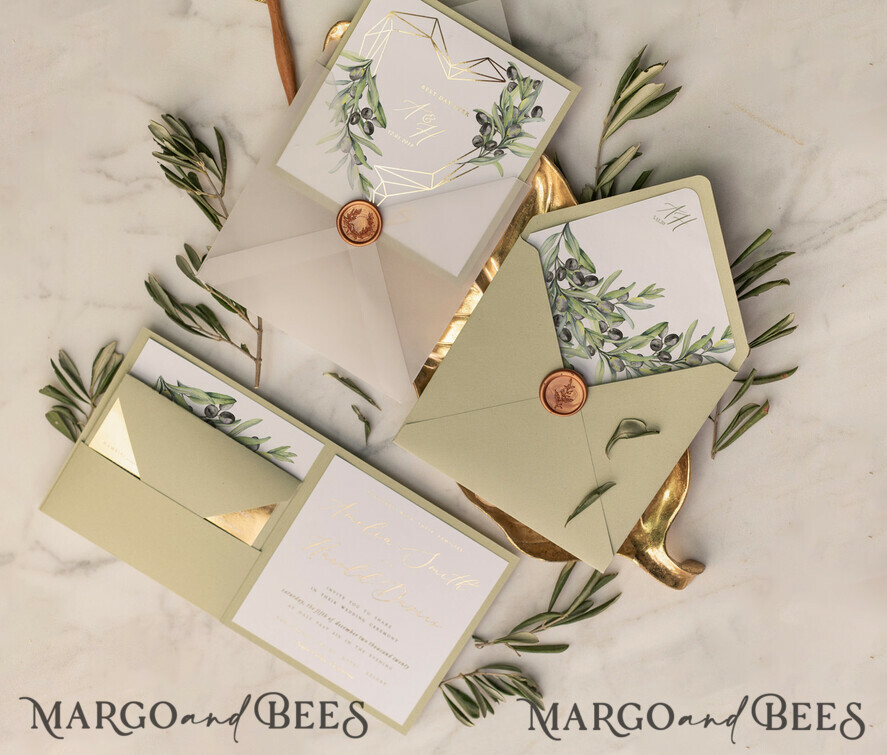 WEDDING INVITATIONS gold / rose gold / silver / glitter Elegant Olive Wedding Invitations, Luxury Sage Green Wedding Invites, Glamour Golden Pocketfold Wedding Cards, Bespoke Tuscany Wedding Invitation Suite