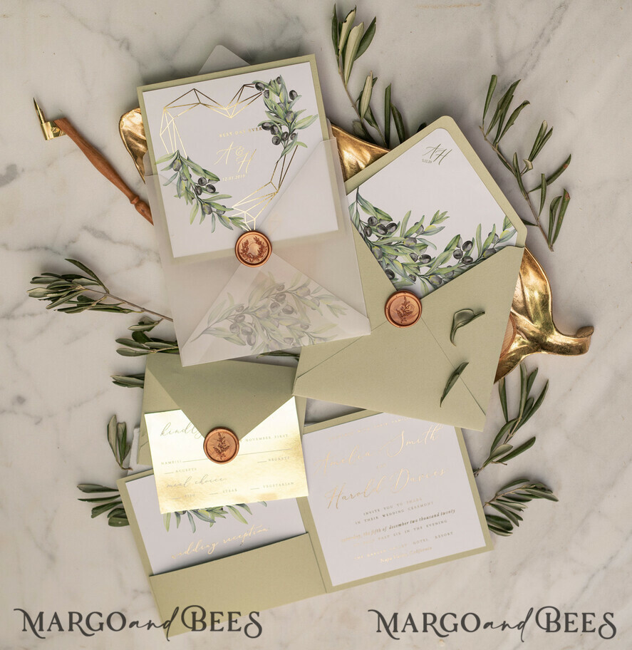 WEDDING INVITATIONS gold / rose gold / silver / glitter Elegant Olive Wedding Invitations, Luxury Sage Green Wedding Invites, Glamour Golden Pocketfold Wedding Cards, Bespoke Tuscany Wedding Invitation Suite
