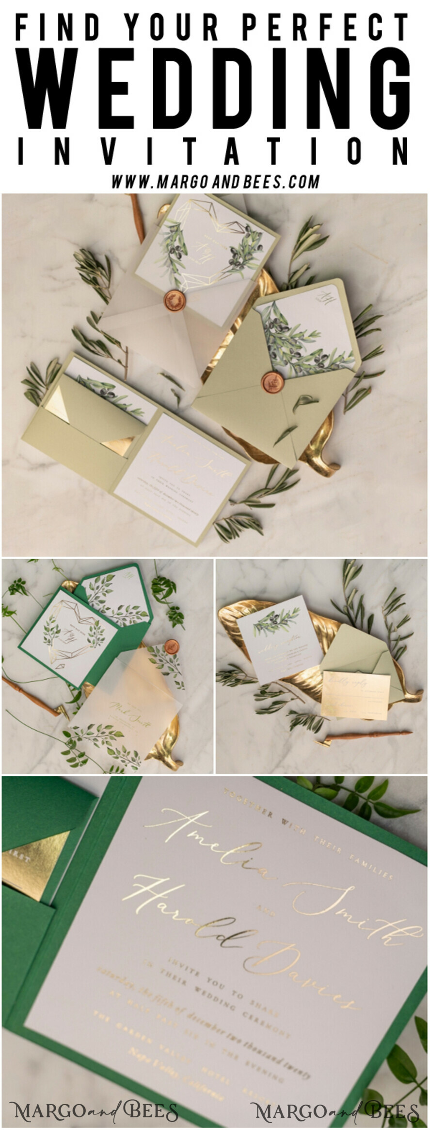 WEDDING INVITATIONS gold / rose gold / silver / glitter Elegant Olive Wedding Invitations, Luxury Sage Green Wedding Invites, Glamour Golden Pocketfold Wedding Cards, Bespoke Tuscany Wedding Invitation Suite
