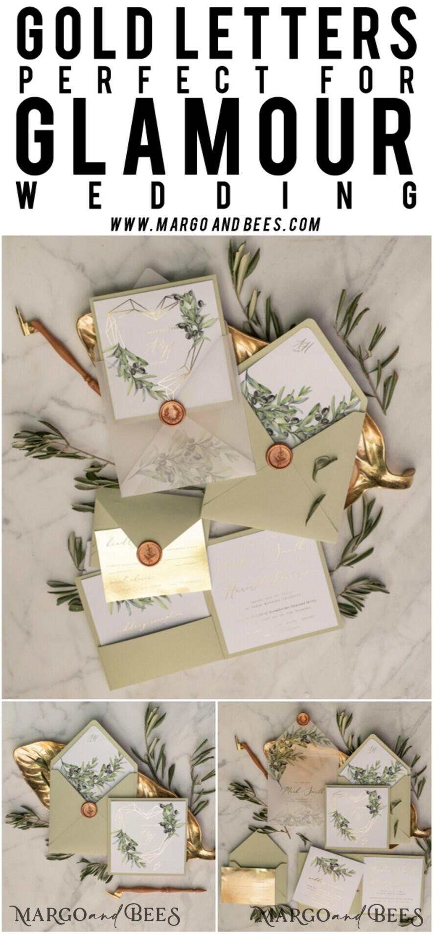 WEDDING INVITATIONS gold / rose gold / silver / glitter Elegant Olive Wedding Invitations, Luxury Sage Green Wedding Invites, Glamour Golden Pocketfold Wedding Cards, Bespoke Tuscany Wedding Invitation Suite