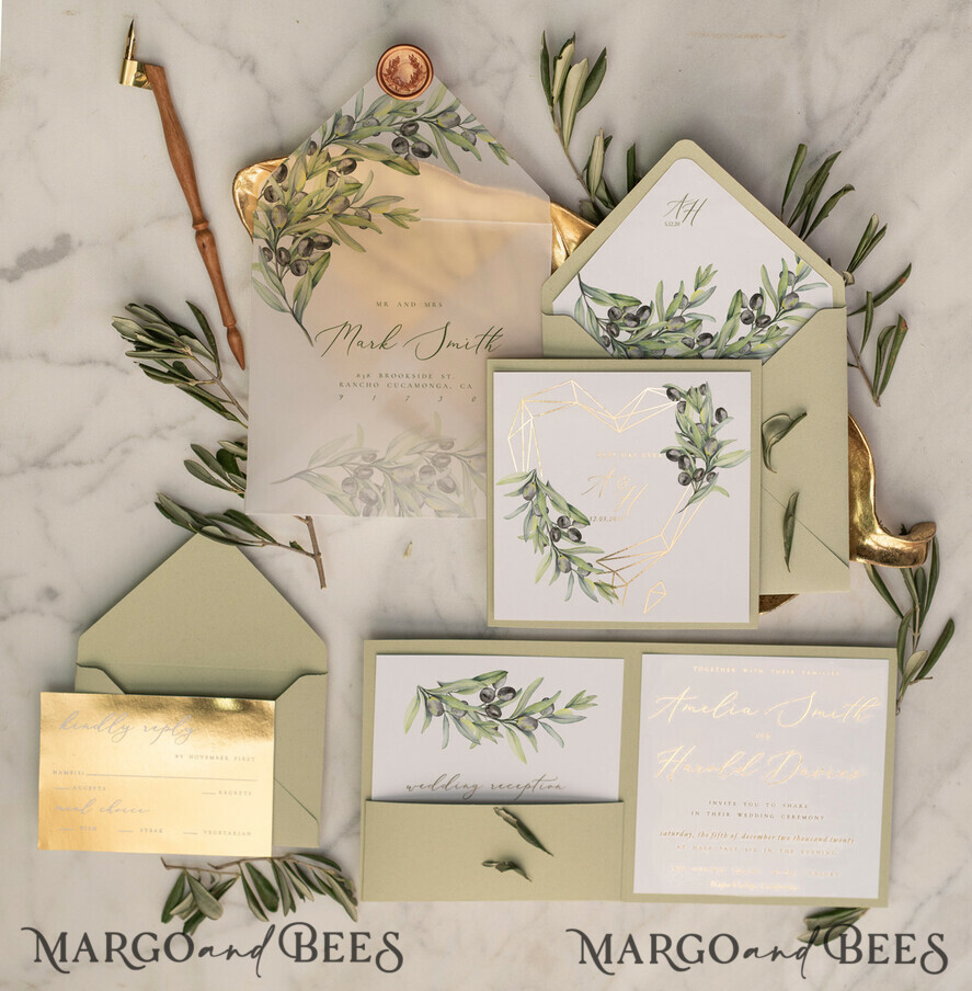 WEDDING INVITATIONS gold / rose gold / silver / glitter Elegant Olive Wedding Invitations, Luxury Sage Green Wedding Invites, Glamour Golden Pocketfold Wedding Cards, Bespoke Tuscany Wedding Invitation Suite