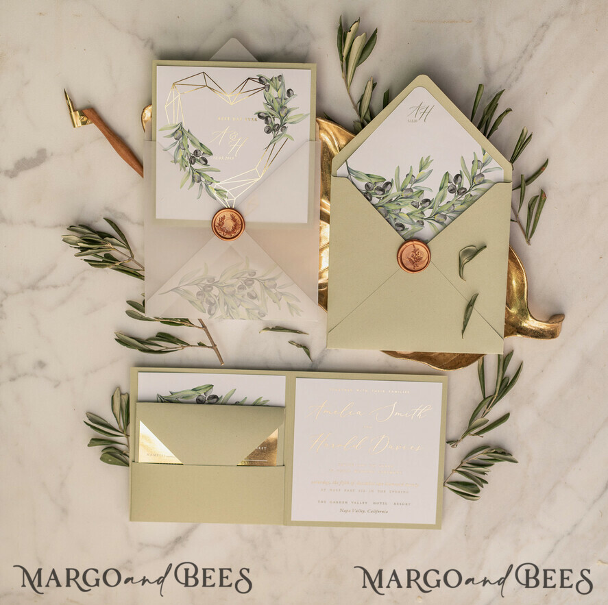 WEDDING INVITATIONS gold / rose gold / silver / glitter Elegant Olive Wedding Invitations, Luxury Sage Green Wedding Invites, Glamour Golden Pocketfold Wedding Cards, Bespoke Tuscany Wedding Invitation Suite