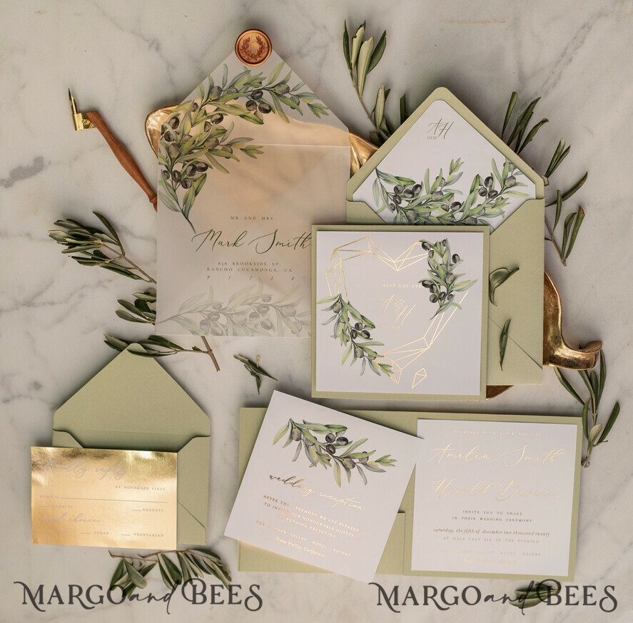 WEDDING INVITATIONS gold / rose gold / silver / glitter Elegant Olive Wedding Invitations, Luxury Sage Green Wedding Invites, Glamour Golden Pocketfold Wedding Cards, Bespoke Tuscany Wedding Invitation Suite
