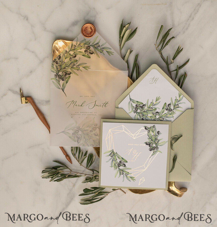 WEDDING INVITATIONS gold / rose gold / silver / glitter Elegant Olive Wedding Invitations, Luxury Sage Green Wedding Invites, Glamour Golden Pocketfold Wedding Cards, Bespoke Tuscany Wedding Invitation Suite