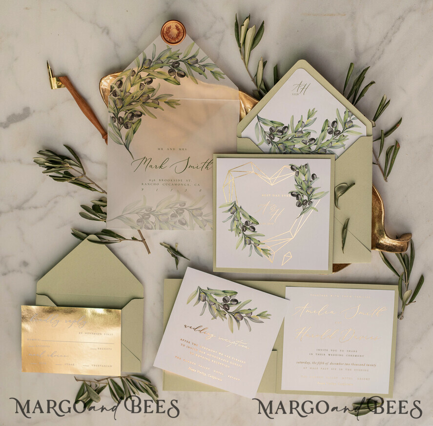 WEDDING INVITATIONS gold / rose gold / silver / glitter Elegant Olive Wedding Invitations, Luxury Sage Green Wedding Invites, Glamour Golden Pocketfold Wedding Cards, Bespoke Tuscany Wedding Invitation Suite