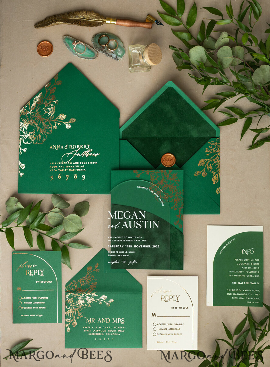 WEDDING INVITATIONS gold / rose gold / silver / glitter Arch Gold Acrylic wedding invitation suite, Velvet Pocket Green Wedding Invites, Glamour Wedding Invitations, Greenery Wedding Set