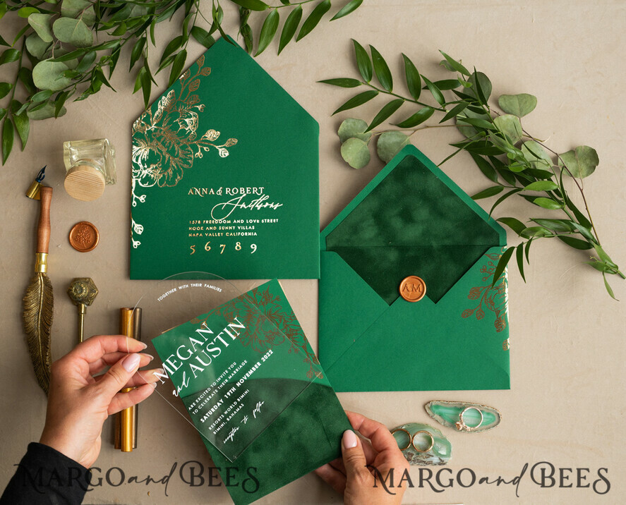 WEDDING INVITATIONS gold / rose gold / silver / glitter Arch Gold Acrylic wedding invitation suite, Velvet Pocket Green Wedding Invites, Glamour Wedding Invitations, Greenery Wedding Set