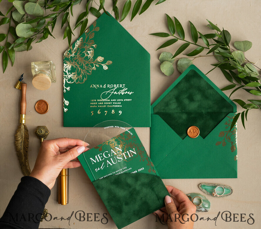 WEDDING INVITATIONS gold / rose gold / silver / glitter Arch Gold Acrylic wedding invitation suite, Velvet Pocket Green Wedding Invites, Glamour Wedding Invitations, Greenery Wedding Set