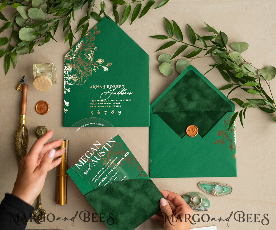 WEDDING INVITATIONS gold / rose gold / silver / glitter Arch Gold Acrylic wedding invitation suite, Velvet Pocket Green Wedding Invites, Glamour Wedding Invitations, Greenery Wedding Set