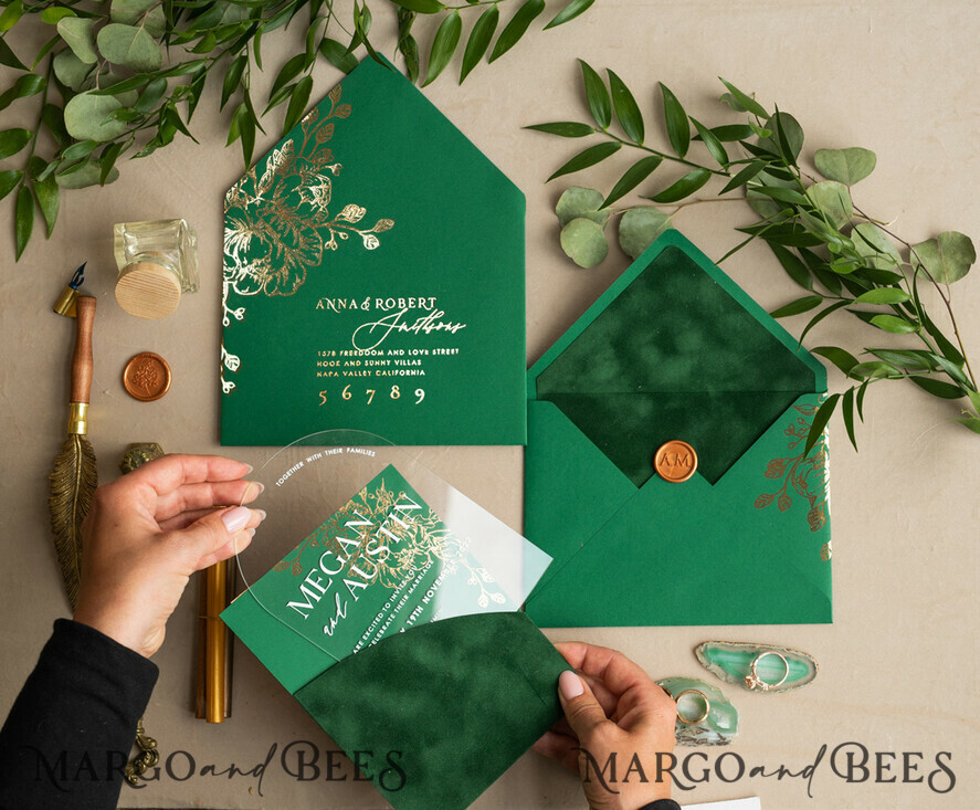 WEDDING INVITATIONS gold / rose gold / silver / glitter Arch Gold Acrylic wedding invitation suite, Velvet Pocket Green Wedding Invites, Glamour Wedding Invitations, Greenery Wedding Set