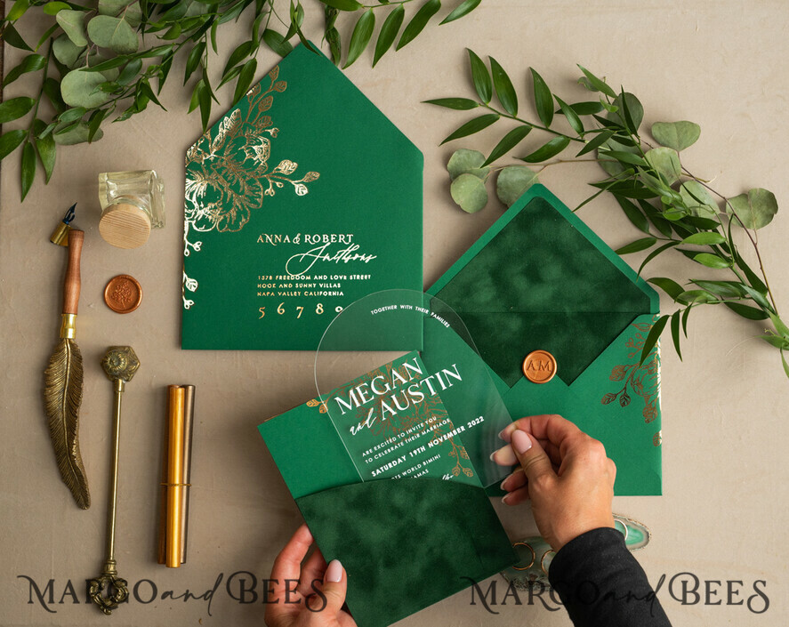 WEDDING INVITATIONS gold / rose gold / silver / glitter Arch Gold Acrylic wedding invitation suite, Velvet Pocket Green Wedding Invites, Glamour Wedding Invitations, Greenery Wedding Set