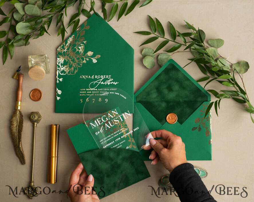 WEDDING INVITATIONS gold / rose gold / silver / glitter Arch Gold Acrylic wedding invitation suite, Velvet Pocket Green Wedding Invites, Glamour Wedding Invitations, Greenery Wedding Set