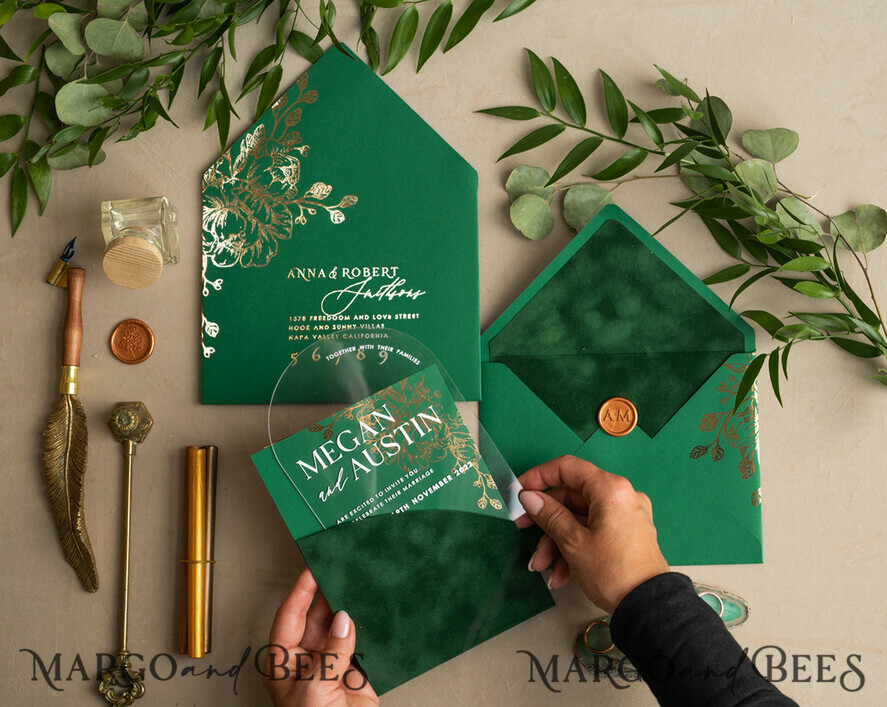 WEDDING INVITATIONS gold / rose gold / silver / glitter Arch Gold Acrylic wedding invitation suite, Velvet Pocket Green Wedding Invites, Glamour Wedding Invitations, Greenery Wedding Set