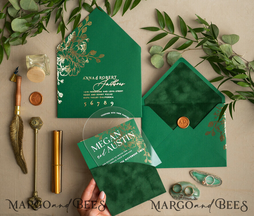 WEDDING INVITATIONS gold / rose gold / silver / glitter Arch Gold Acrylic wedding invitation suite, Velvet Pocket Green Wedding Invites, Glamour Wedding Invitations, Greenery Wedding Set