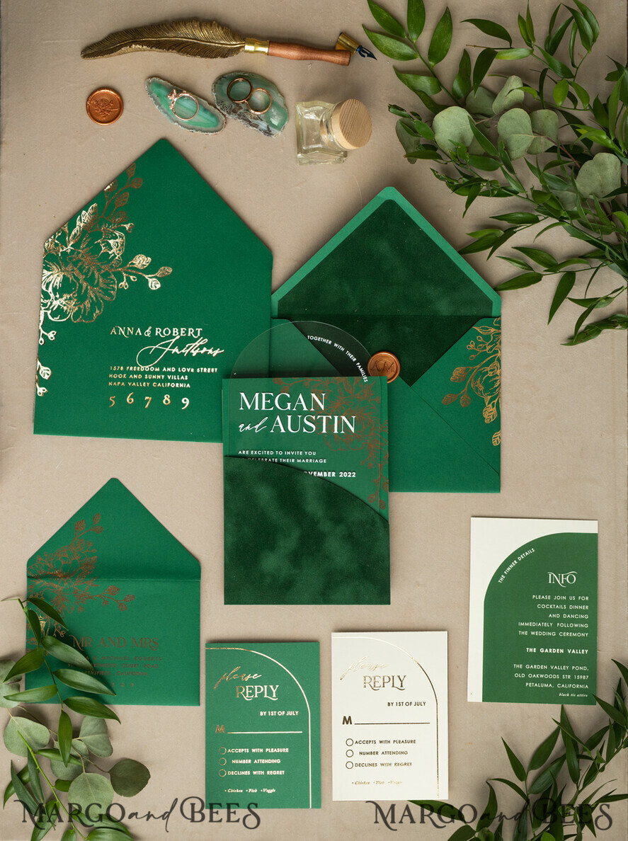 WEDDING INVITATIONS gold / rose gold / silver / glitter Arch Gold Acrylic wedding invitation suite, Velvet Pocket Green Wedding Invites, Glamour Wedding Invitations, Greenery Wedding Set