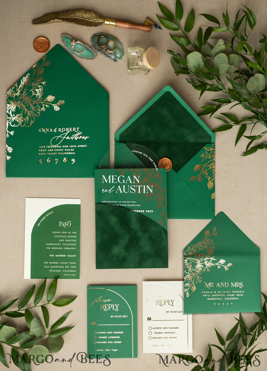 WEDDING INVITATIONS gold / rose gold / silver / glitter Arch Gold Acrylic wedding invitation suite, Velvet Pocket Green Wedding Invites, Glamour Wedding Invitations, Greenery Wedding Set