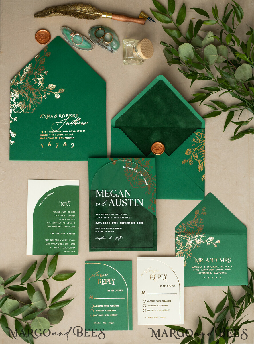 WEDDING INVITATIONS gold / rose gold / silver / glitter Arch Gold Acrylic wedding invitation suite, Velvet Pocket Green Wedding Invites, Glamour Wedding Invitations, Greenery Wedding Set