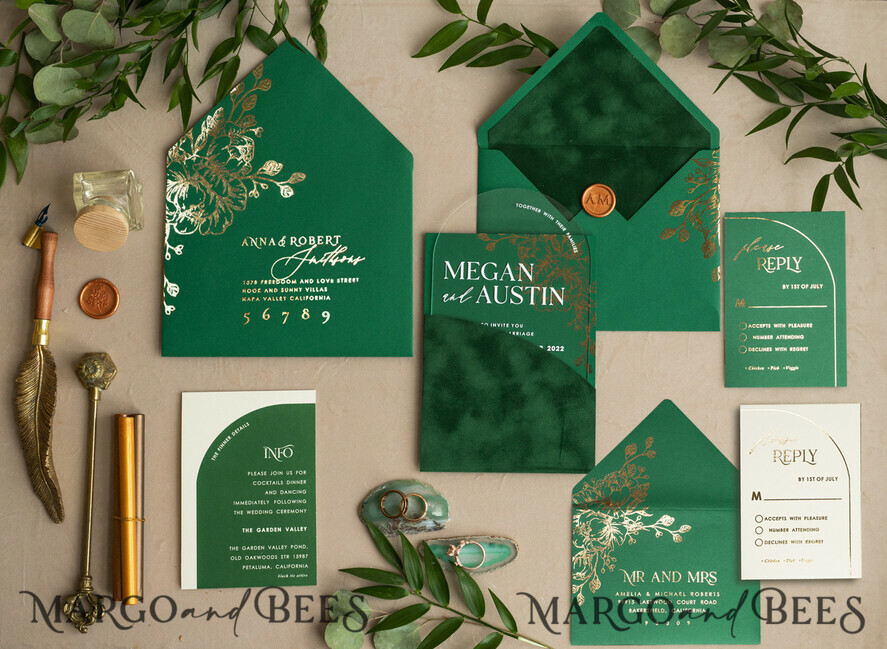 WEDDING INVITATIONS gold / rose gold / silver / glitter Arch Gold Acrylic wedding invitation suite, Velvet Pocket Green Wedding Invites, Glamour Wedding Invitations, Greenery Wedding Set