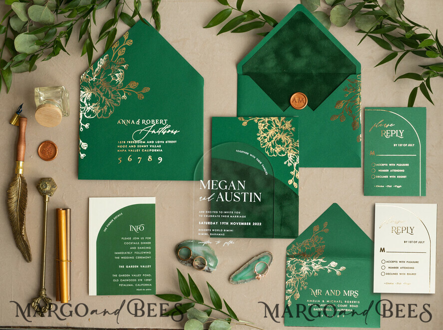 WEDDING INVITATIONS gold / rose gold / silver / glitter Arch Gold Acrylic wedding invitation suite, Velvet Pocket Green Wedding Invites, Glamour Wedding Invitations, Greenery Wedding Set