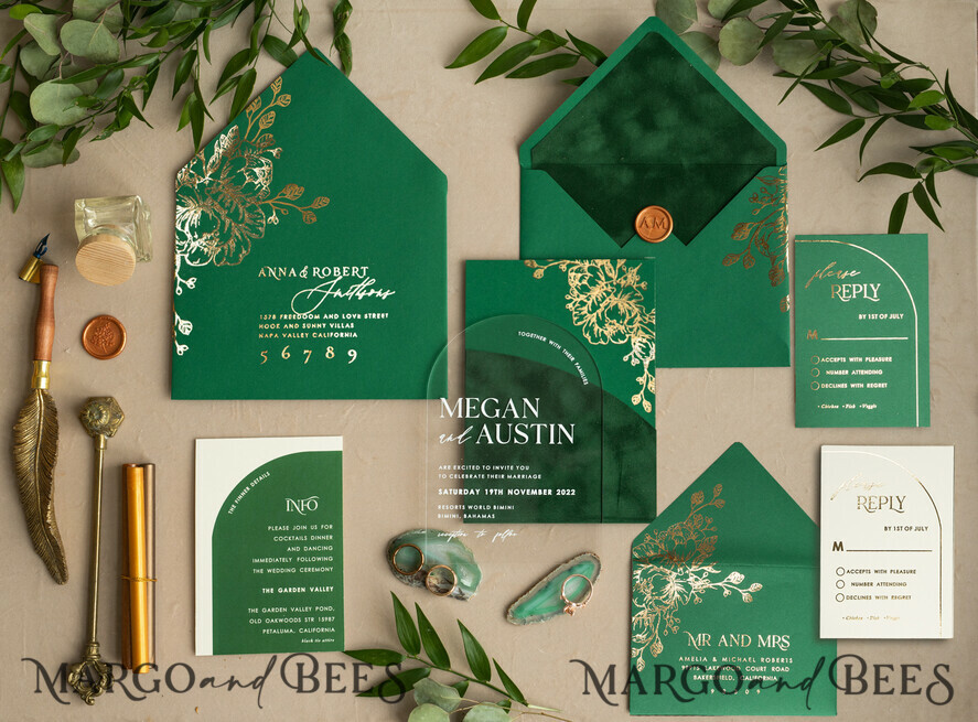 WEDDING INVITATIONS gold / rose gold / silver / glitter Arch Gold Acrylic wedding invitation suite, Velvet Pocket Green Wedding Invites, Glamour Wedding Invitations, Greenery Wedding Set