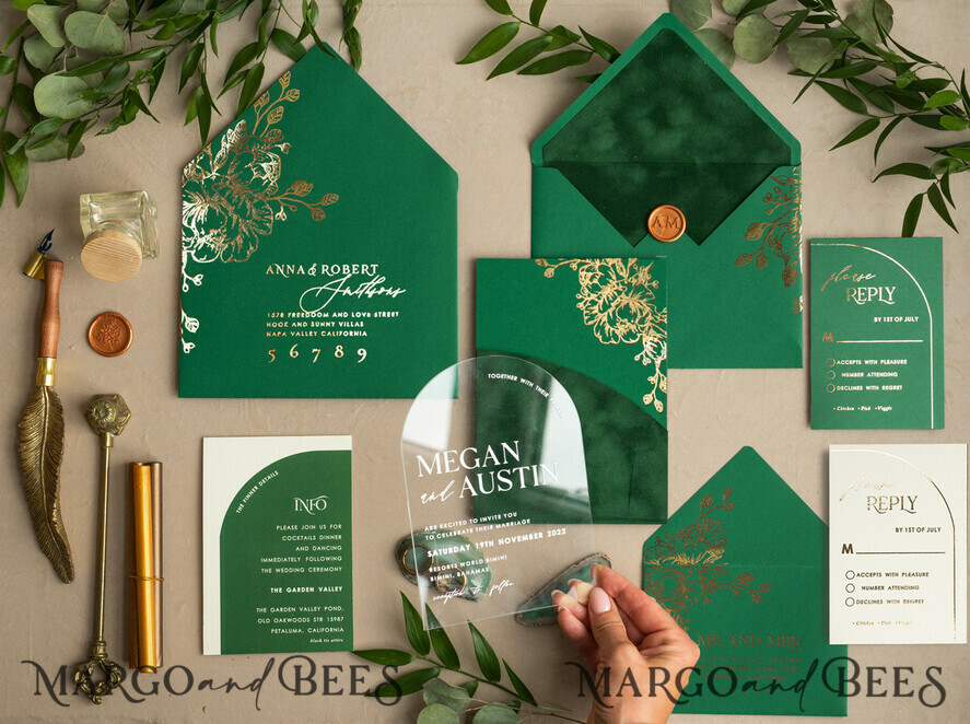 WEDDING INVITATIONS gold / rose gold / silver / glitter Arch Gold Acrylic wedding invitation suite, Velvet Pocket Green Wedding Invites, Glamour Wedding Invitations, Greenery Wedding Set