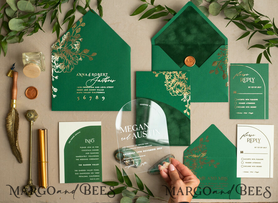 WEDDING INVITATIONS gold / rose gold / silver / glitter Arch Gold Acrylic wedding invitation suite, Velvet Pocket Green Wedding Invites, Glamour Wedding Invitations, Greenery Wedding Set