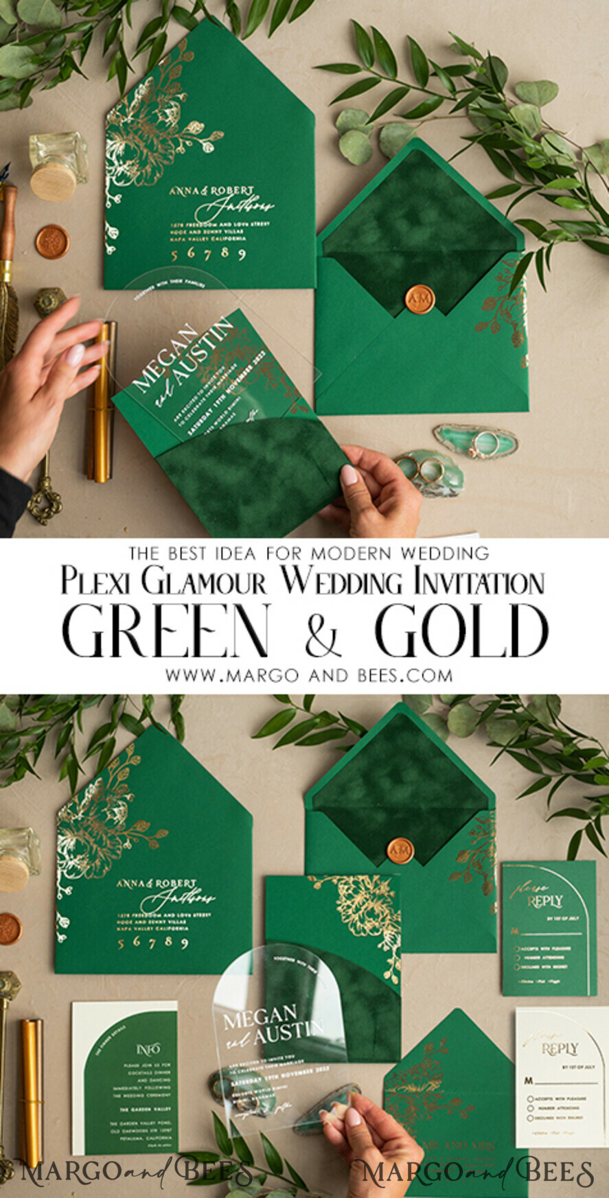 WEDDING INVITATIONS gold / rose gold / silver / glitter Arch Gold Acrylic wedding invitation suite, Velvet Pocket Green Wedding Invites, Glamour Wedding Invitations, Greenery Wedding Set
