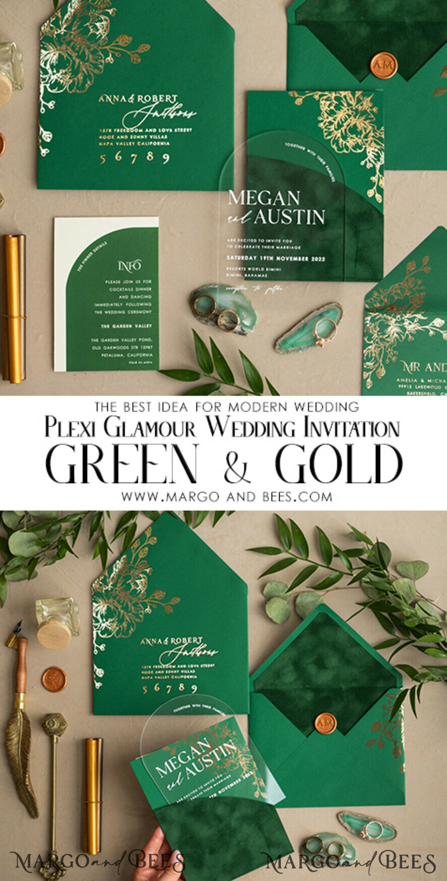 WEDDING INVITATIONS gold / rose gold / silver / glitter Arch Gold Acrylic wedding invitation suite, Velvet Pocket Green Wedding Invites, Glamour Wedding Invitations, Greenery Wedding Set