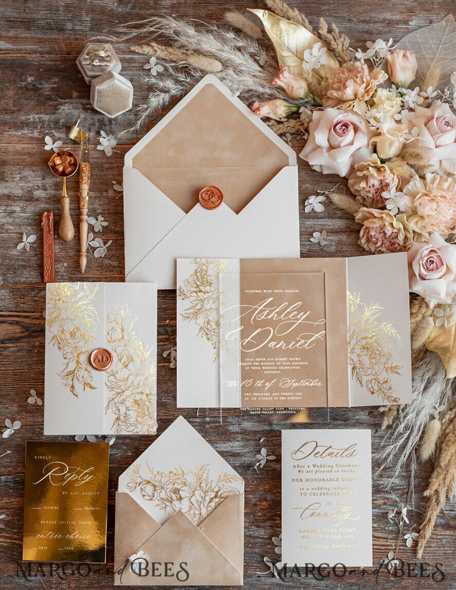 WEDDING INVITATIONS gold / rose gold / silver / glitter Luxury Velvet wedding Invitations, Clear Gold Indian Wedding Invites, Glamour Elegant Wedding Cards