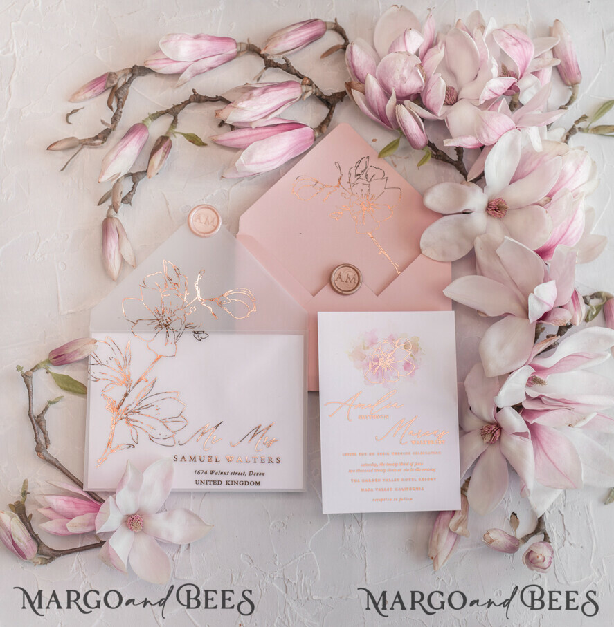 WEDDING INVITATIONS gold / rose gold / silver / glitter Spring wedding invitations, spring wedding, magnolia flowers, magnolia flower wedding invitations, watercolor wedding invitations, watercolor wedding, blush pink wedding, blush pink wedding invitations, vellum envelope, white tracing paper, blush pink and white wedding invitations, blush pink and white wedding, gold wedding, gold foil print out, floral wedding, floral wedding invitations, elegant wedding invitations