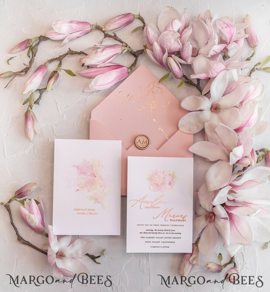 WEDDING INVITATIONS gold / rose gold / silver / glitter Spring wedding invitations, spring wedding, magnolia flowers, magnolia flower wedding invitations, watercolor wedding invitations, watercolor wedding, blush pink wedding, blush pink wedding invitations, vellum envelope, white tracing paper, blush pink and white wedding invitations, blush pink and white wedding, gold wedding, gold foil print out, floral wedding, floral wedding invitations, elegant wedding invitations