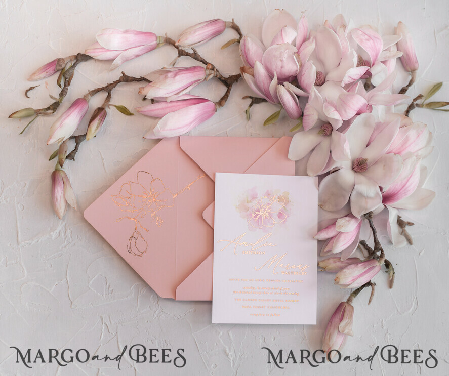 WEDDING INVITATIONS gold / rose gold / silver / glitter Spring wedding invitations, spring wedding, magnolia flowers, magnolia flower wedding invitations, watercolor wedding invitations, watercolor wedding, blush pink wedding, blush pink wedding invitations, vellum envelope, white tracing paper, blush pink and white wedding invitations, blush pink and white wedding, gold wedding, gold foil print out, floral wedding, floral wedding invitations, elegant wedding invitations