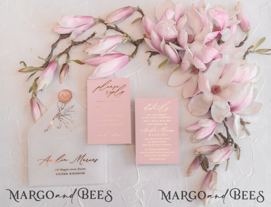 WEDDING INVITATIONS gold / rose gold / silver / glitter Spring wedding invitations, spring wedding, magnolia flowers, magnolia flower wedding invitations, watercolor wedding invitations, watercolor wedding, blush pink wedding, blush pink wedding invitations, vellum envelope, white tracing paper, blush pink and white wedding invitations, blush pink and white wedding, gold wedding, gold foil print out, floral wedding, floral wedding invitations, elegant wedding invitations