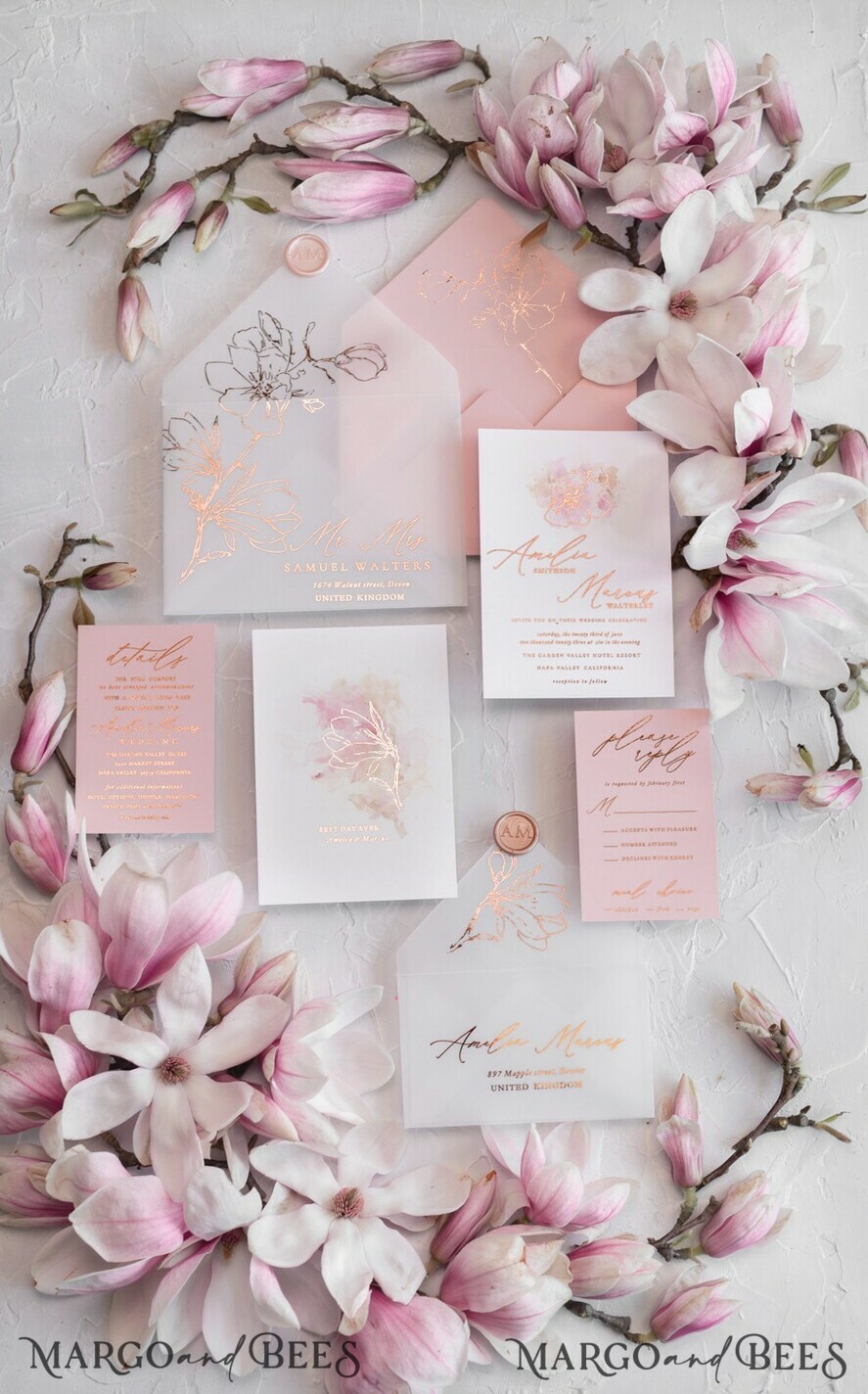 WEDDING INVITATIONS gold / rose gold / silver / glitter Spring wedding invitations, spring wedding, magnolia flowers, magnolia flower wedding invitations, watercolor wedding invitations, watercolor wedding, blush pink wedding, blush pink wedding invitations, vellum envelope, white tracing paper, blush pink and white wedding invitations, blush pink and white wedding, gold wedding, gold foil print out, floral wedding, floral wedding invitations, elegant wedding invitations