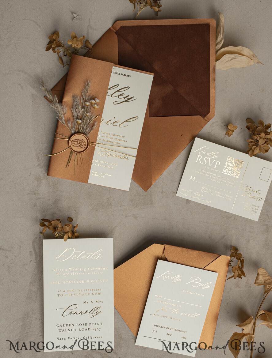 WEDDING INVITATIONS gold / rose gold / silver / glitter Fall Mirror gold Wedding Invitations, Elegant Terracotta Wedding Cards, Burnt orange Acrylic Wedding Invites, Mirror Gold Plexi Wedding Invitation Suite