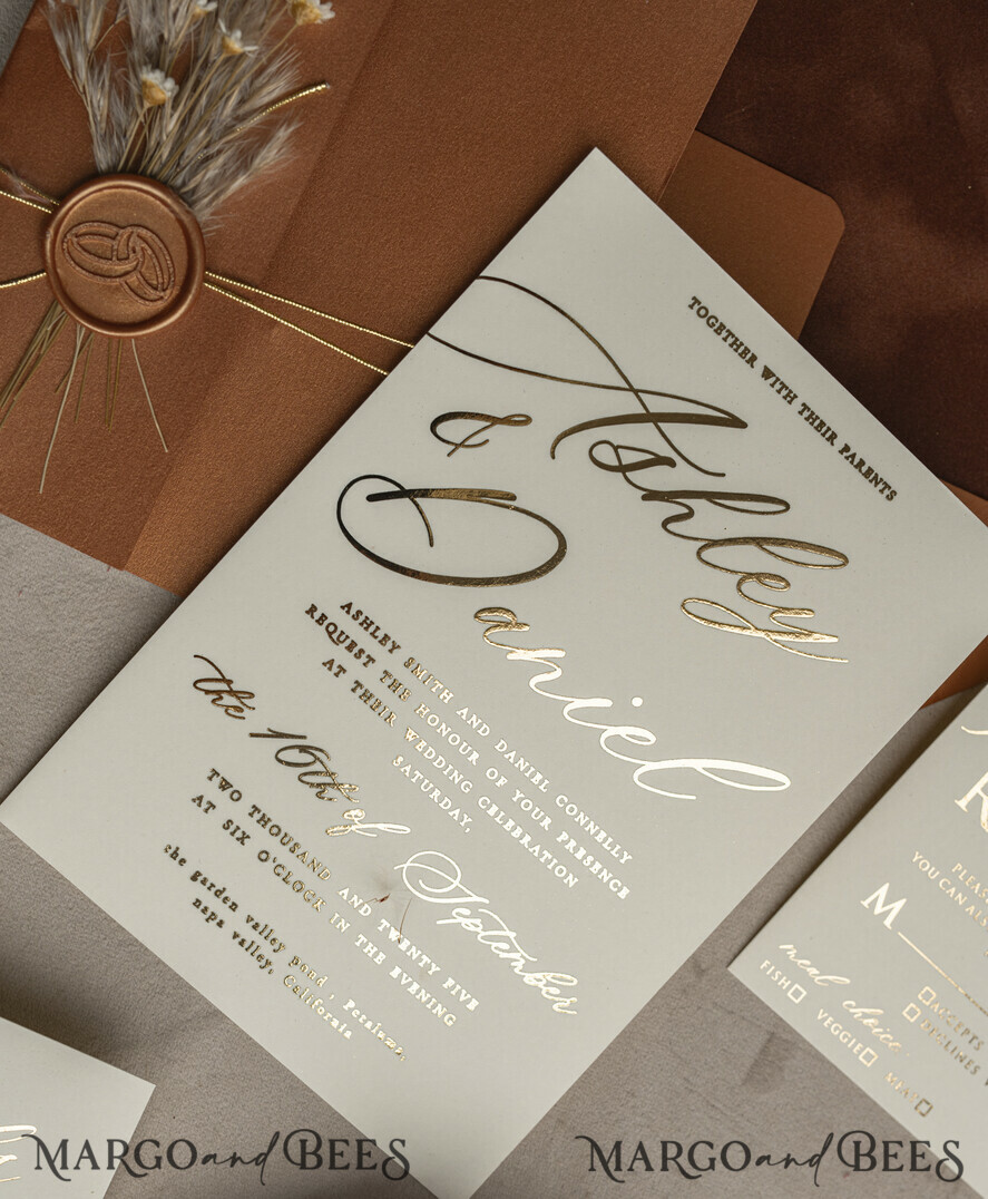 WEDDING INVITATIONS gold / rose gold / silver / glitter Fall Mirror gold Wedding Invitations, Elegant Terracotta Wedding Cards, Burnt orange Acrylic Wedding Invites, Mirror Gold Plexi Wedding Invitation Suite