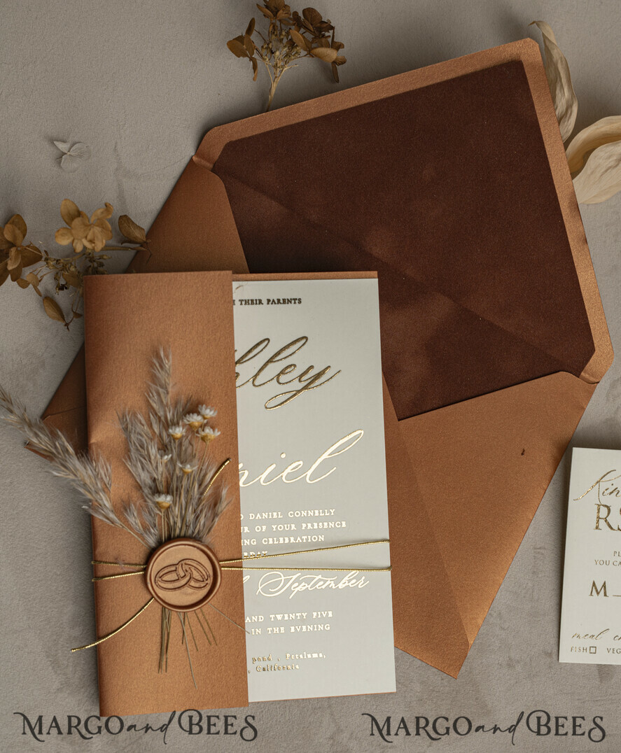 WEDDING INVITATIONS gold / rose gold / silver / glitter Fall Mirror gold Wedding Invitations, Elegant Terracotta Wedding Cards, Burnt orange Acrylic Wedding Invites, Mirror Gold Plexi Wedding Invitation Suite