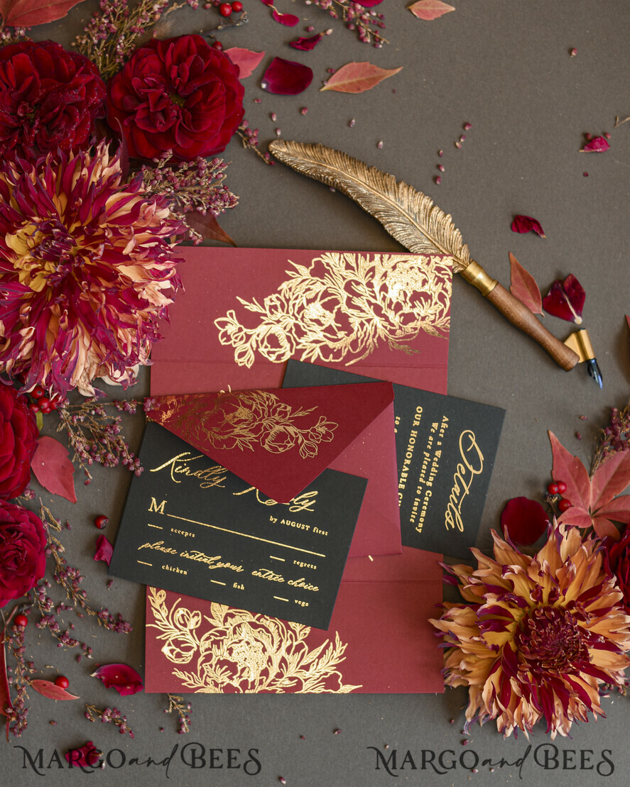 WEDDING INVITATIONS gold / rose gold / silver / glitter Golden Burgundy Wedding Invitations, Glamour Glitter Wedding Stationery, Elegant Black Wedding Invitation Suite, Gold Foil Luxury Arabic Wedding Cards